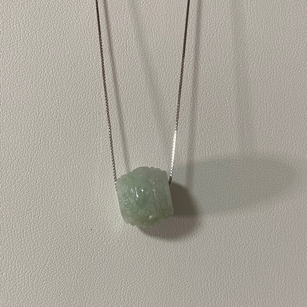 Intricate Carved Jade "Longevity" Barrel Bead Necklace – Sterling Silver Chain - Picture 2 of 4